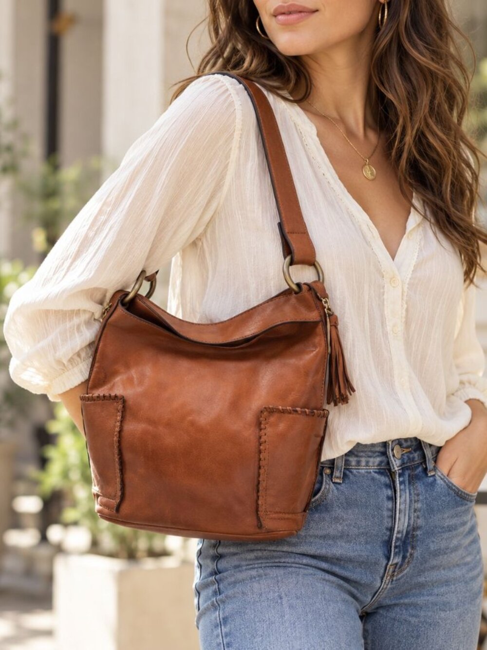 Brown Faux Leather Bucket Bag Minimalist Classic